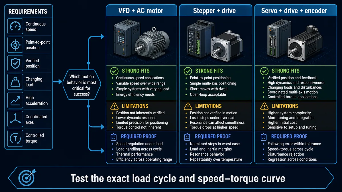 Decision comparison of VFD and AC motor stepper motor and drive and closed-loop servo drive motor and encoder against motion requirements and proof