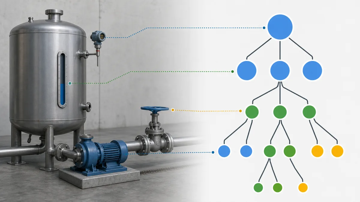 OPC UA address-space model with plant, area, tank, measurement, command, status, and alarm nodes connected by hierarchical references