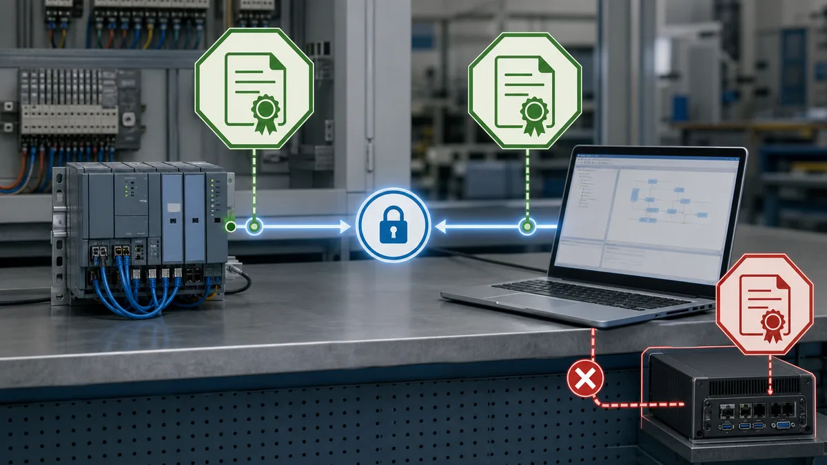 OPC UA mutual certificate-trust workflow showing client and server identity verification, trusted stores, rejected peers, and protected private keys