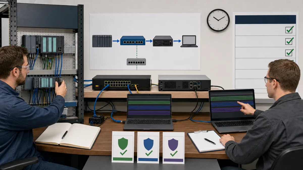 OPC UA commissioning bench with controller, server, client workstation, network isolation, test instruments, and a documented acceptance checklist