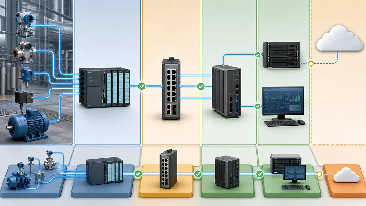 Layered OPC UA information architecture linking PLC data through an edge or server layer to HMI, historian, MES, and analytics clients
