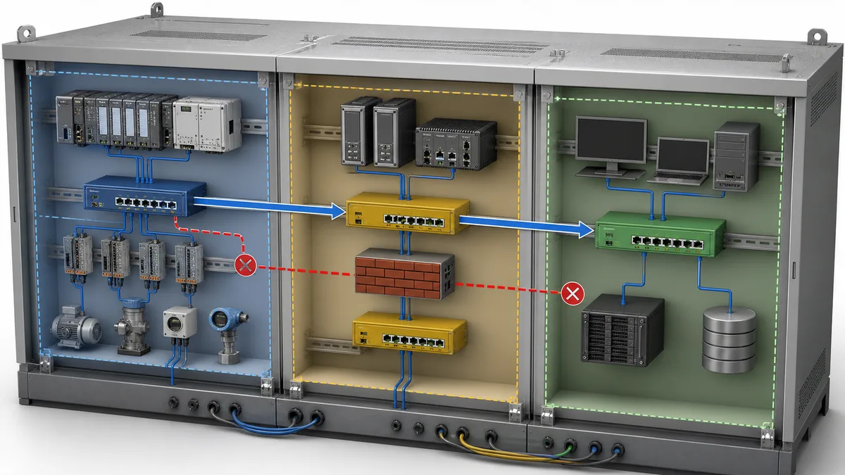 Segmented industrial network example separating a PLC control zone, OPC UA service boundary, industrial DMZ, and enterprise clients
