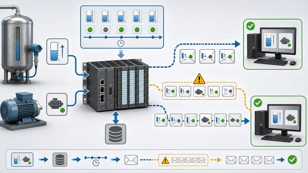 OPC UA subscription flow from sampled server variables through monitored-item queues and publish notifications to a supervisory client