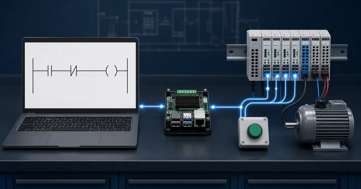 OpenPLC v4 workflow from the desktop editor to the built-in simulator, runtime target and mapped industrial inputs and outputs.