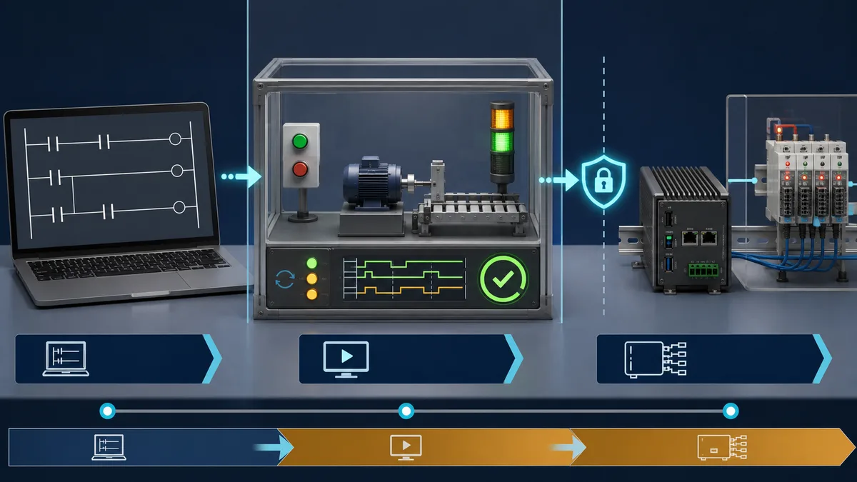 Editorial three-stage OpenPLC workflow separating generic ladder editing, isolated simulation and deployment to a headless runtime with mapped I/O.