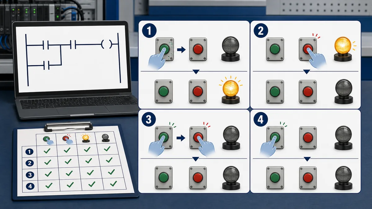 Motor seal-in simulator test matrix showing start hold, stop priority, simultaneous button state and safe restart cases beside generic ladder logic.