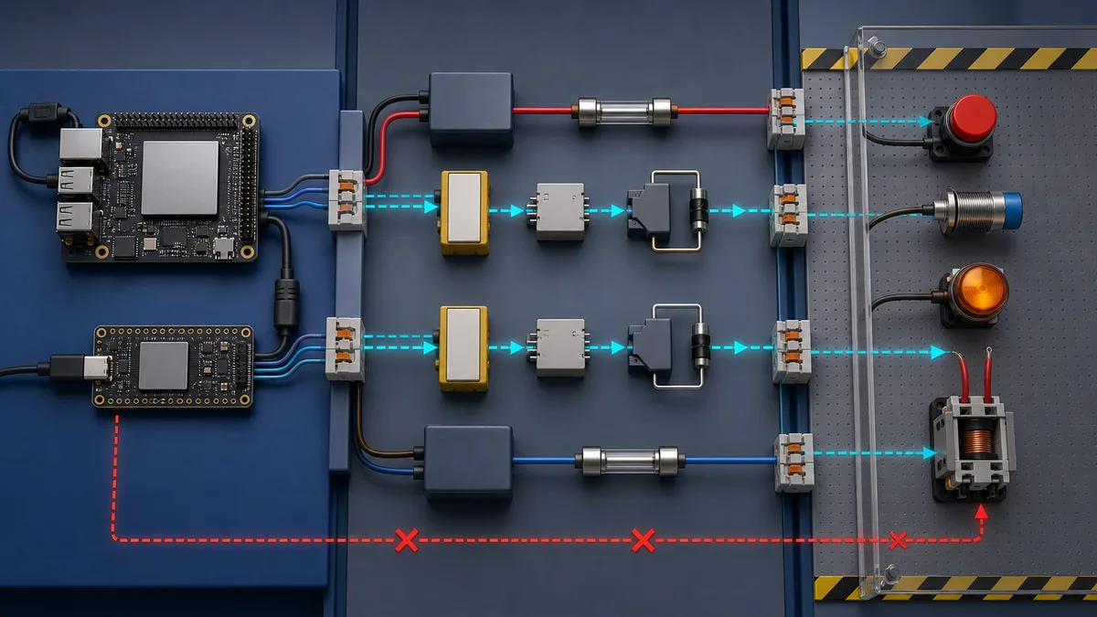 Protected I/O interface separating logic-level controller boards from industrial pushbuttons, sensors, indicator loads and a disconnected relay coil.