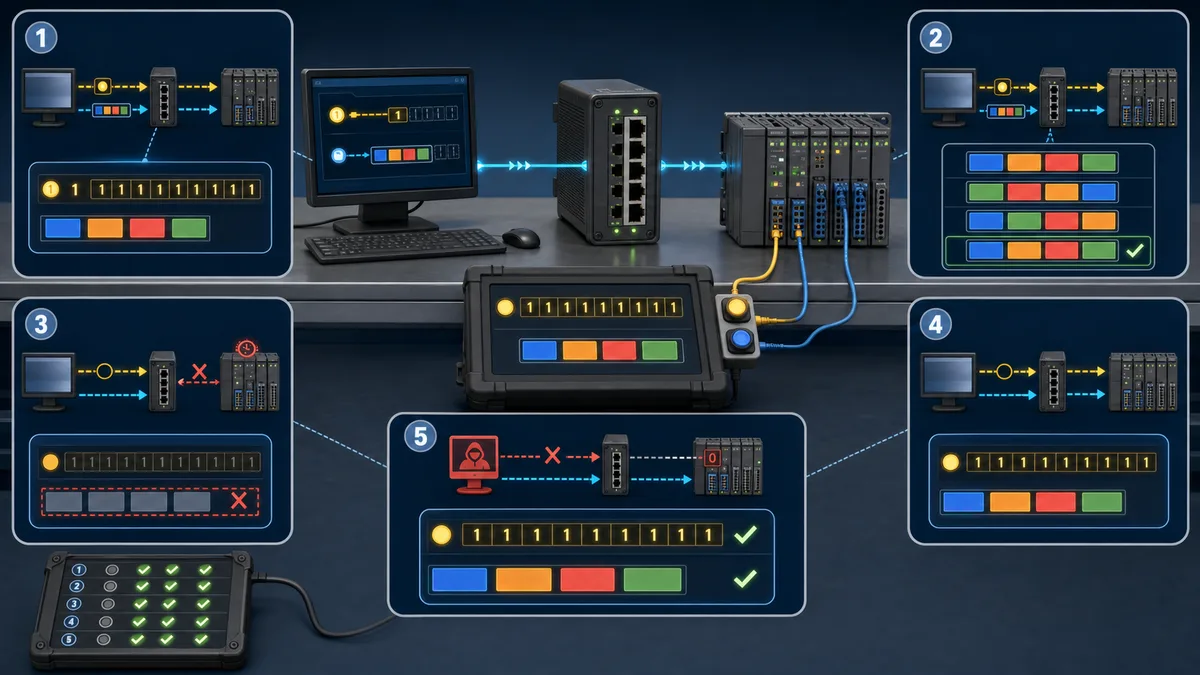 Protocol validation bench testing mapped Boolean and word values, byte order, disconnect, reconnect and blocked writes across a generic industrial network.