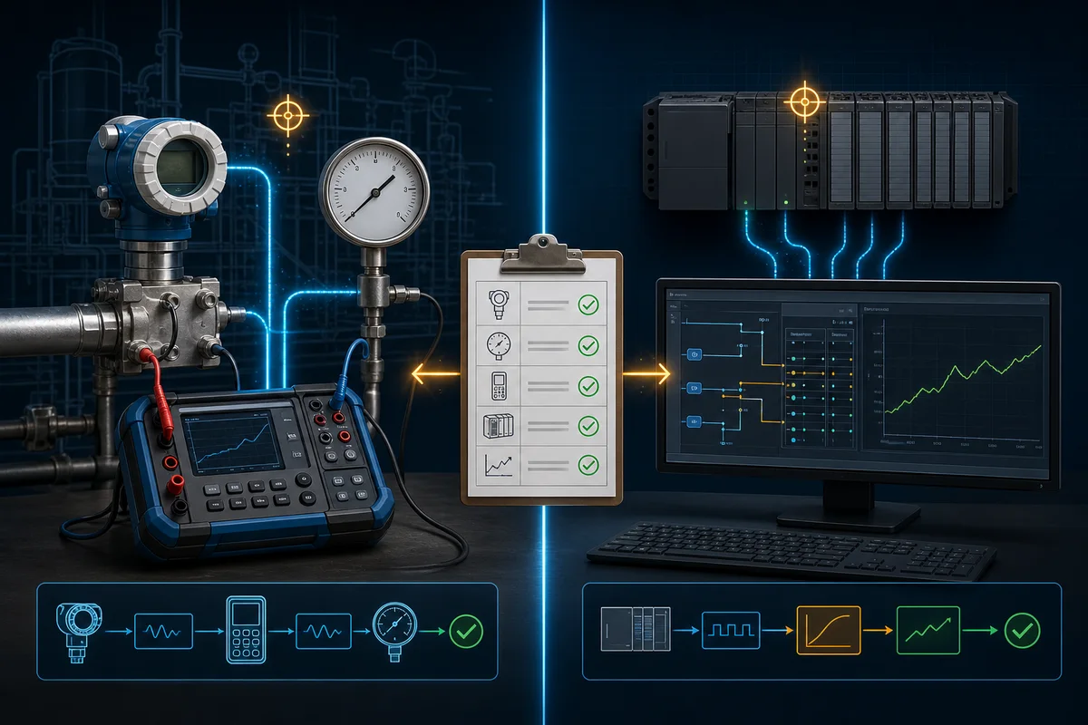 Physical instrument calibration with a reference standard separated from PLC software scaling and trend verification