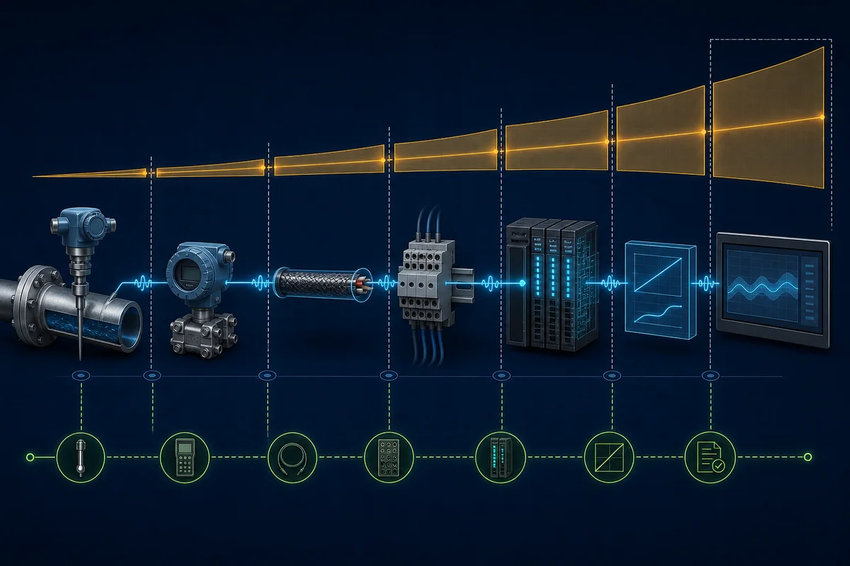 Temperature measurement error budget across sensor, wiring, transmitter, PLC input and scaling