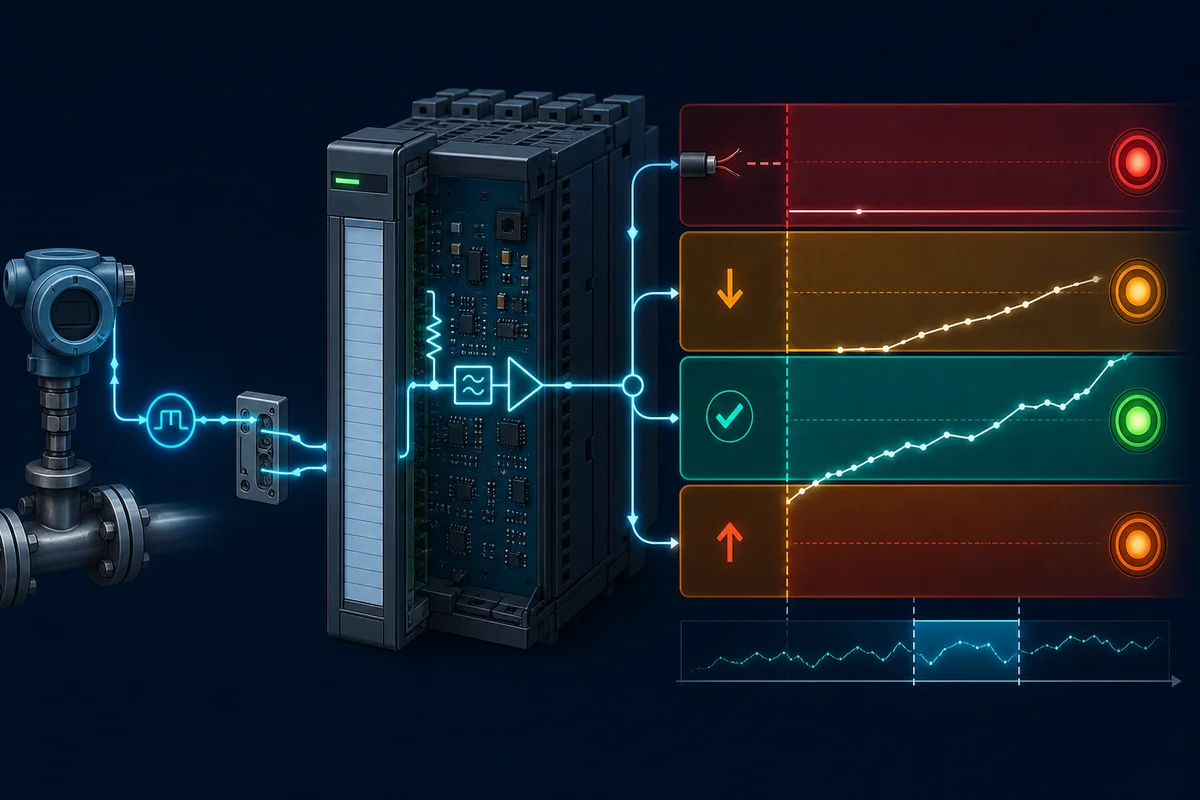 Analog input module dividing the signal into failed low, under-range, valid and over-range diagnostic zones