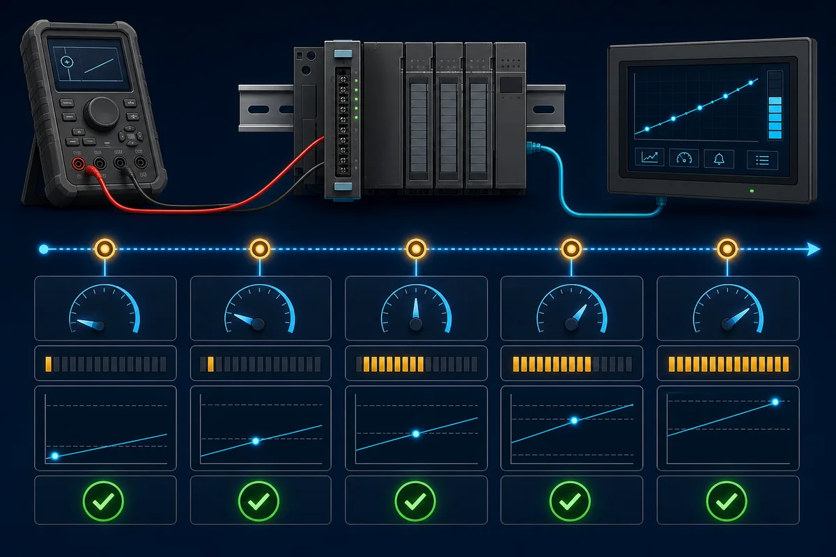 Loop calibrator, PLC input and HMI with five progressive verification checkpoints from low to high range