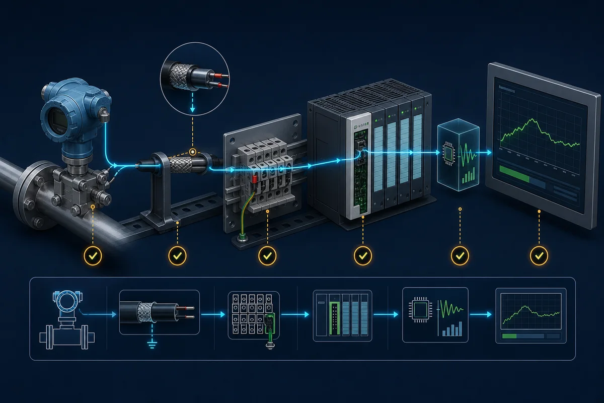 Industrial pressure transmitter, shielded loop cable, terminal block, PLC analog input, processing and HMI trend arranged as one evidence chain