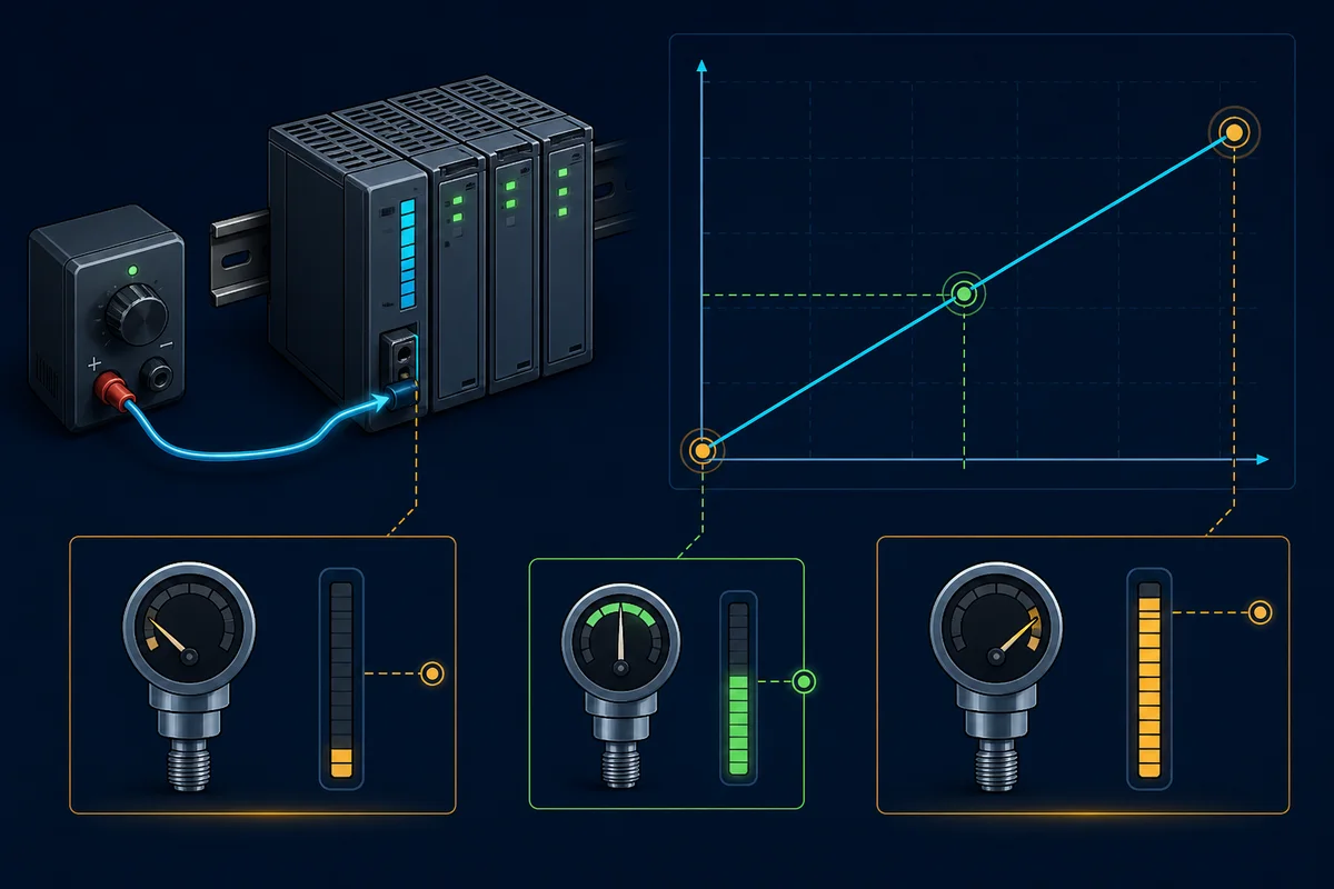 PLC analog module beside a straight scaling line with low, midpoint and high verification states