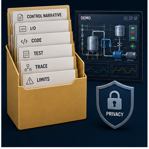 PLC portfolio evidence package with control narrative I O code tests traces limitations reproducible demo and privacy protection