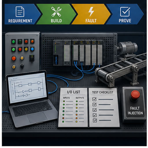 PLC practical assessment station with controller I O motor conveyor functional requirement fault injection and acceptance checklist