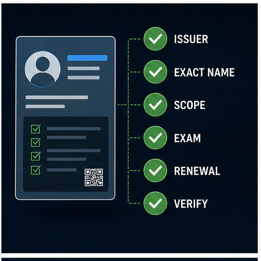 PLC credential verification checklist covering issuer exact title scope exam renewal and verification record