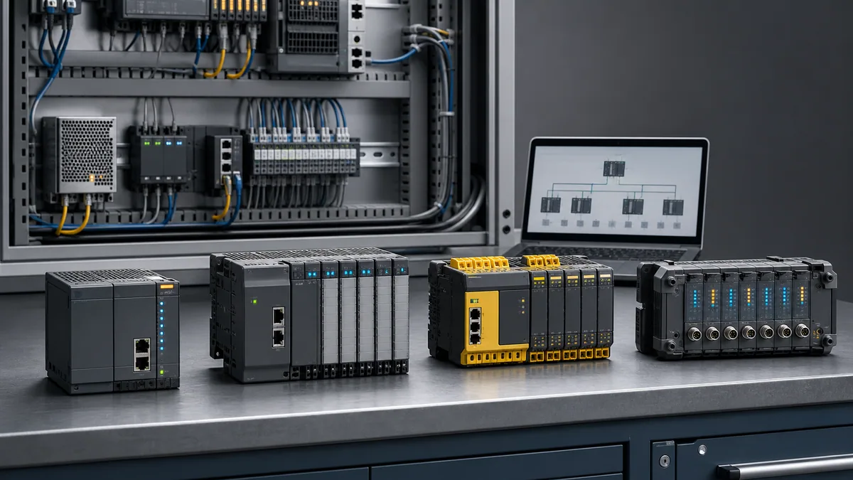 PLC hardware selection workbench comparing CPU, I/O, communications, expansion and lifecycle requirements