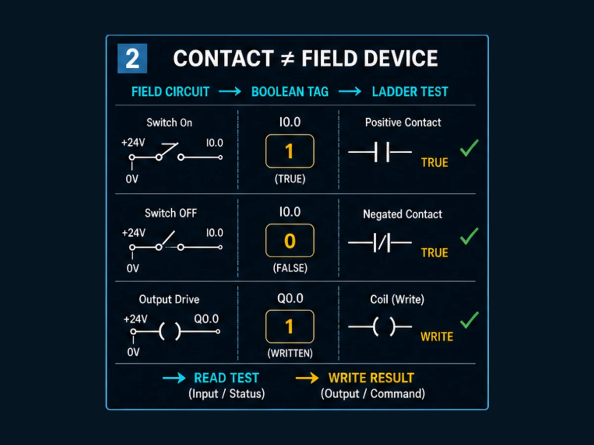 Three-layer distinction between a physical field circuit, its Boolean PLC tag and the positive or negated ladder contact that tests that tag
