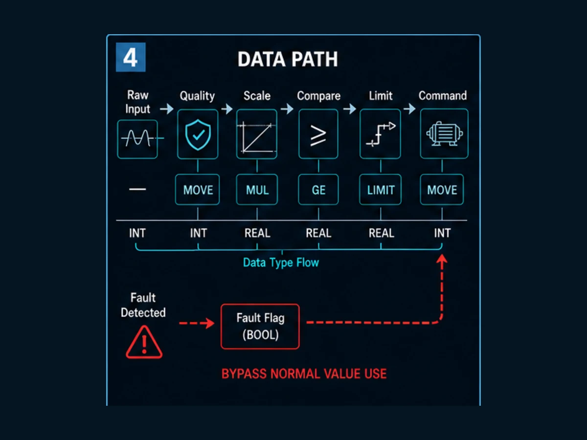 PLC ladder data path from raw input and quality through scale, compare and limit instructions to a command, with a fault flag blocking invalid value use