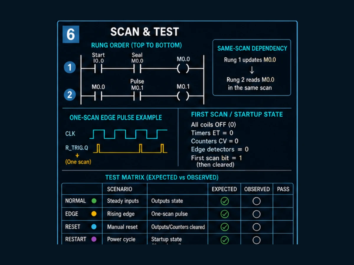 PLC ladder rung-order and same-scan dependency diagram with one-scan edge pulse, startup state and expected-versus-observed test matrix