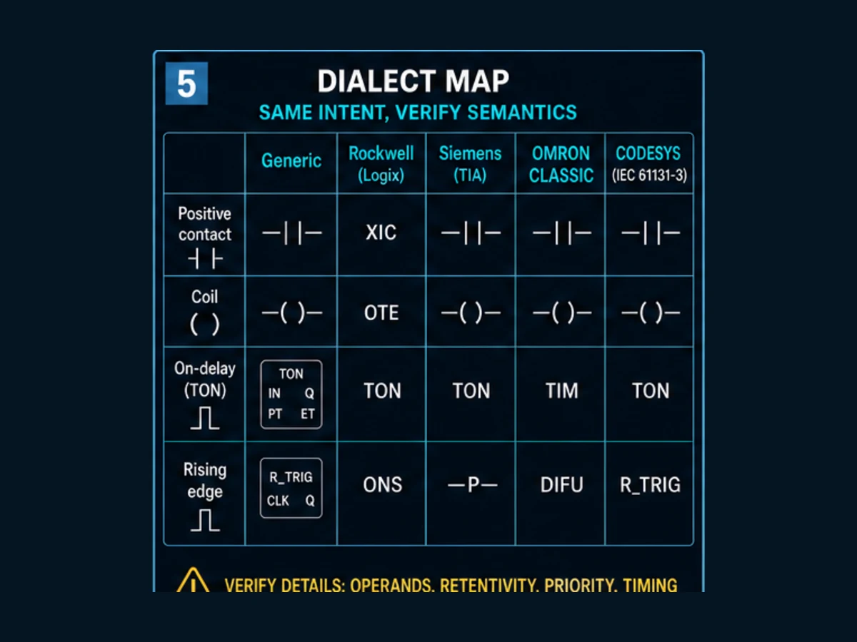 Vendor ladder instruction mapping across generic behavior, Rockwell Logix, Siemens TIA, classic Omron CP and CJ, and CODESYS terms