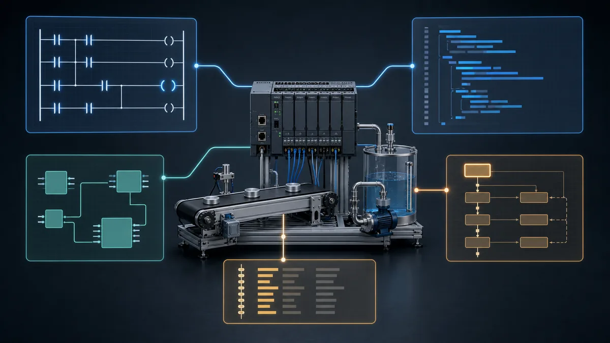 Industrial control requirement represented with current IEC PLC languages and a separately identified legacy mnemonic maintenance view.