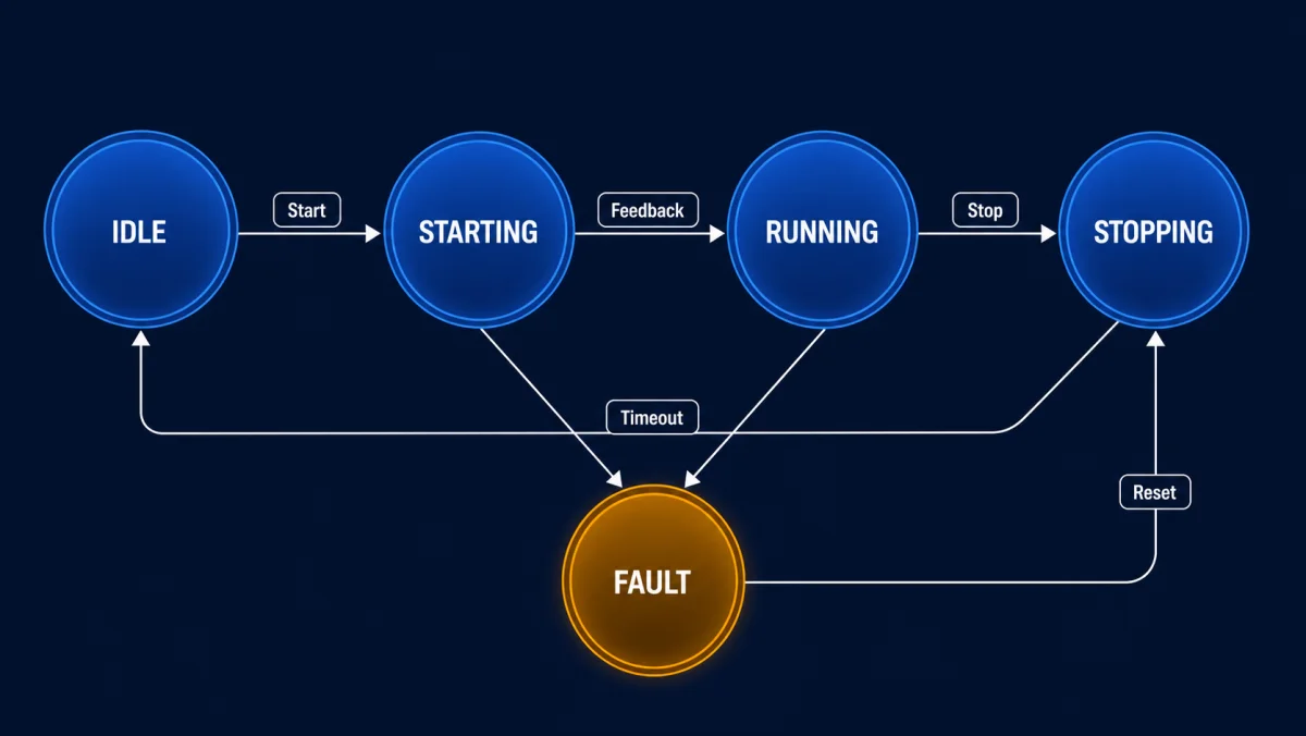 Structured Text CASE state machine with idle starting running stopping and fault states