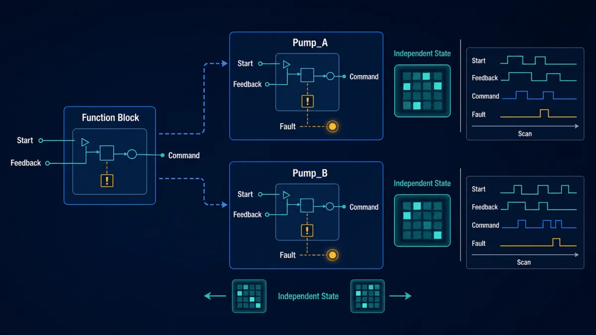 One PLC function block type called as Pump A and Pump B with independent state and scan traces