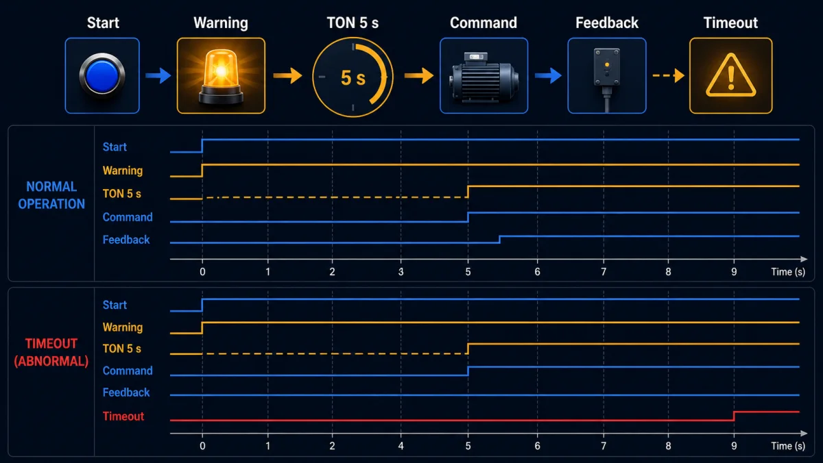 Normal and timeout timing traces for a warning beacon five-second on-delay conveyor command and feedback
