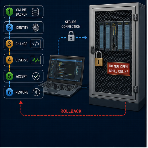 Controlled PLC field change sequence from online backup and identity through change observation acceptance and rollback