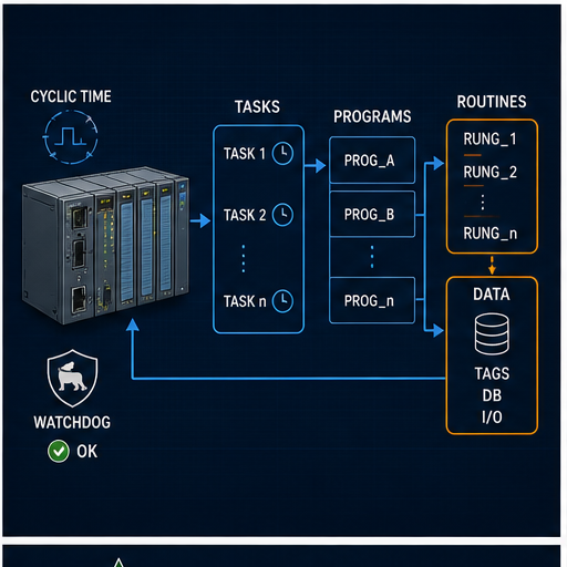 PLC execution architecture showing cyclic tasks, programs, routines, data and watchdog monitoring