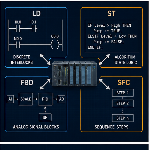 Responsibility map connecting Ladder Diagram Structured Text Function Block Diagram and Sequential Function Chart to one PLC