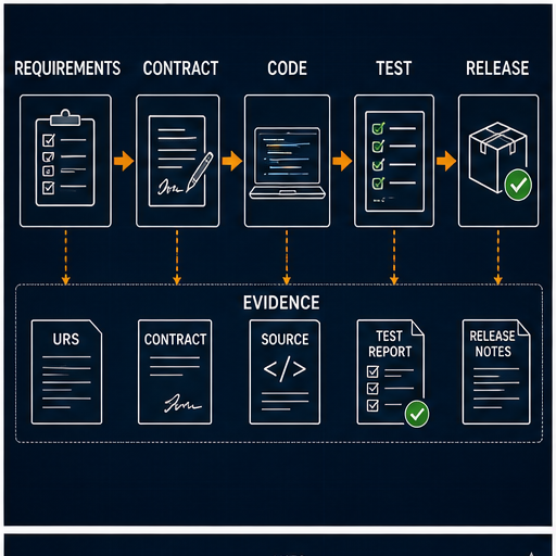 PLC programming workflow from requirements and contracts through code, tests and a controlled release package
