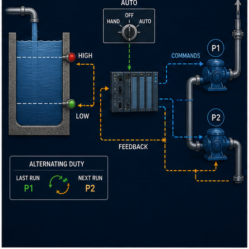 Two-pump wet-well PLC example with high and low level states, automatic selection, command feedback and alternating duty