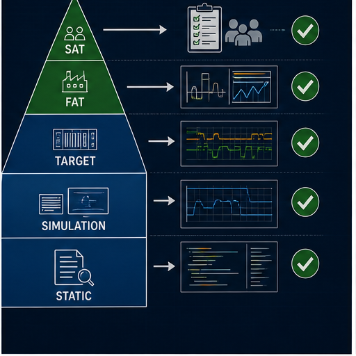 PLC program verification pyramid from static review and simulation through target tests FAT and SAT