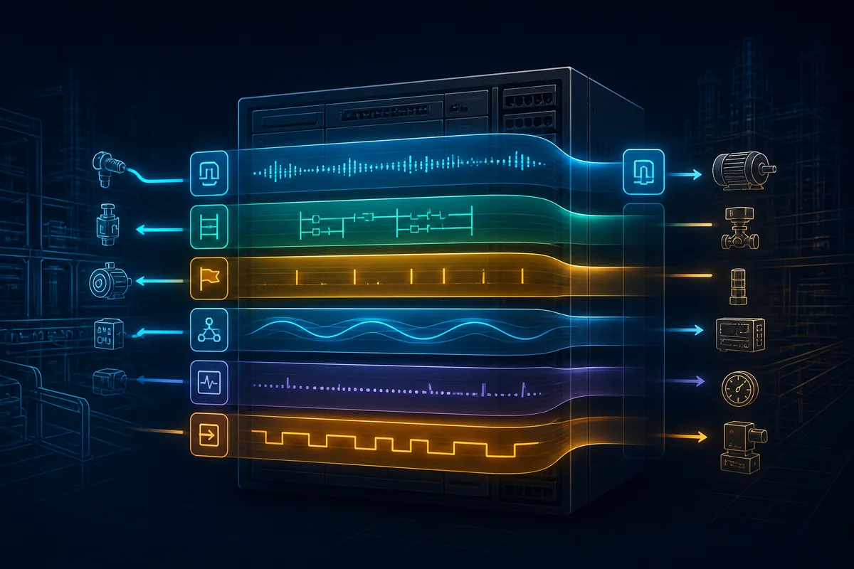 Stacked PLC timing bands representing input service logic higher priority work communication diagnostics and output service