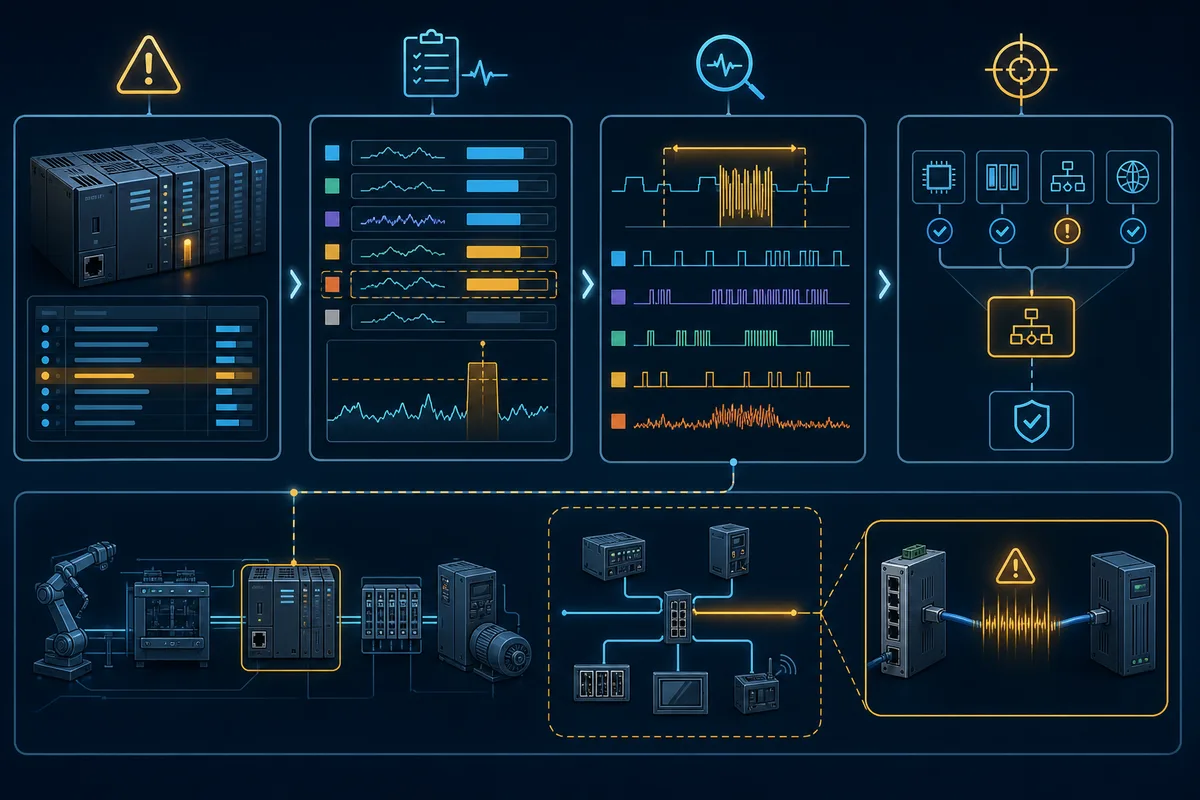 PLC watchdog diagnosis panels moving from fault log through task timing and routine trace to a bounded root cause