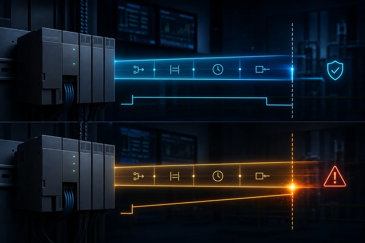 Generic PLC timing comparison showing a healthy scan completing before a watchdog boundary and an overrun crossing it