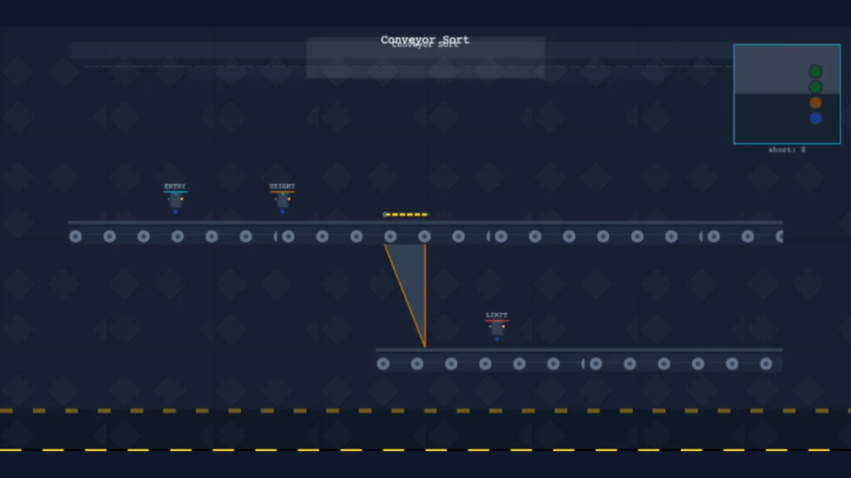 Genuine PLC Simulation Software conveyor-sort scenario with two conveyors, item sensors, diverter path, and simple status indicators