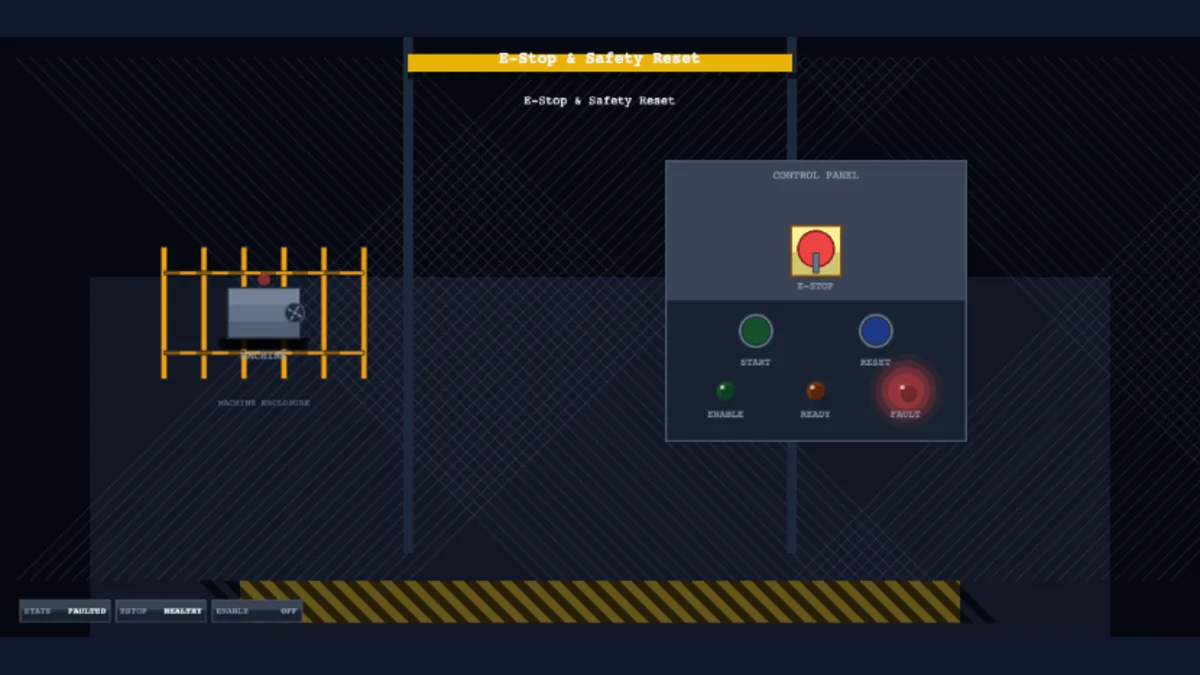 Genuine PLC Simulation Software emergency-stop reset learning scenario showing a guarded hazard area and operator reset controls
