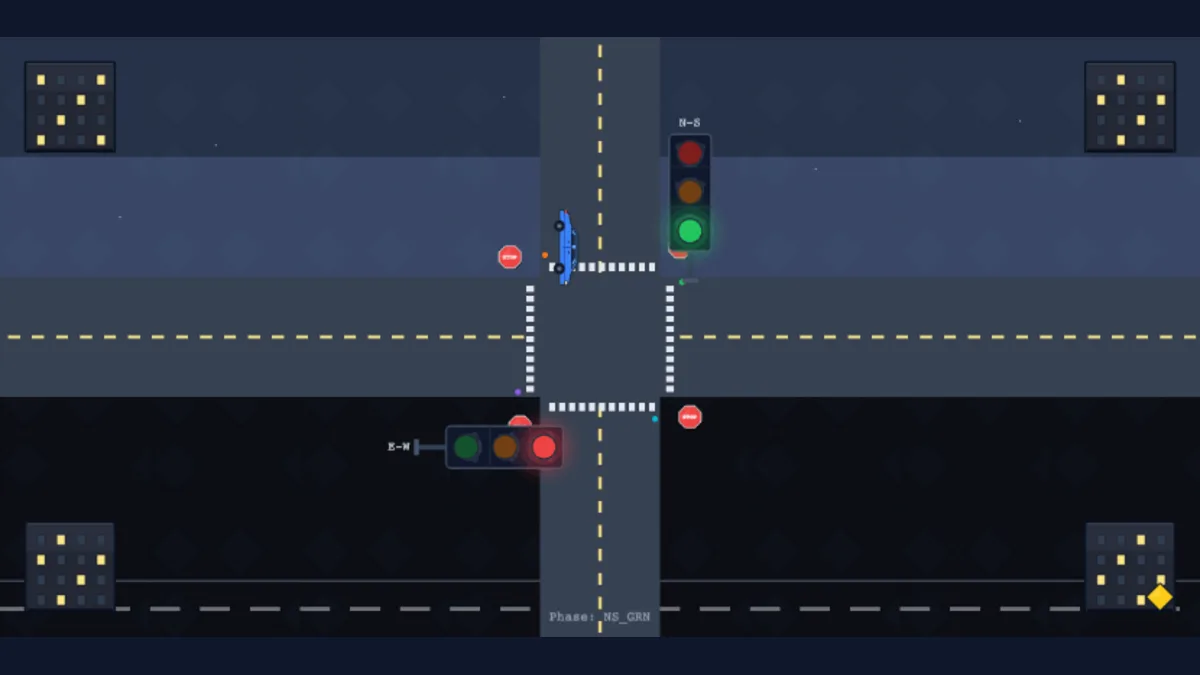 Genuine PLC Simulation Software traffic-light scenario showing an intersection, vehicle signals, pedestrian crossings, and live scenario state