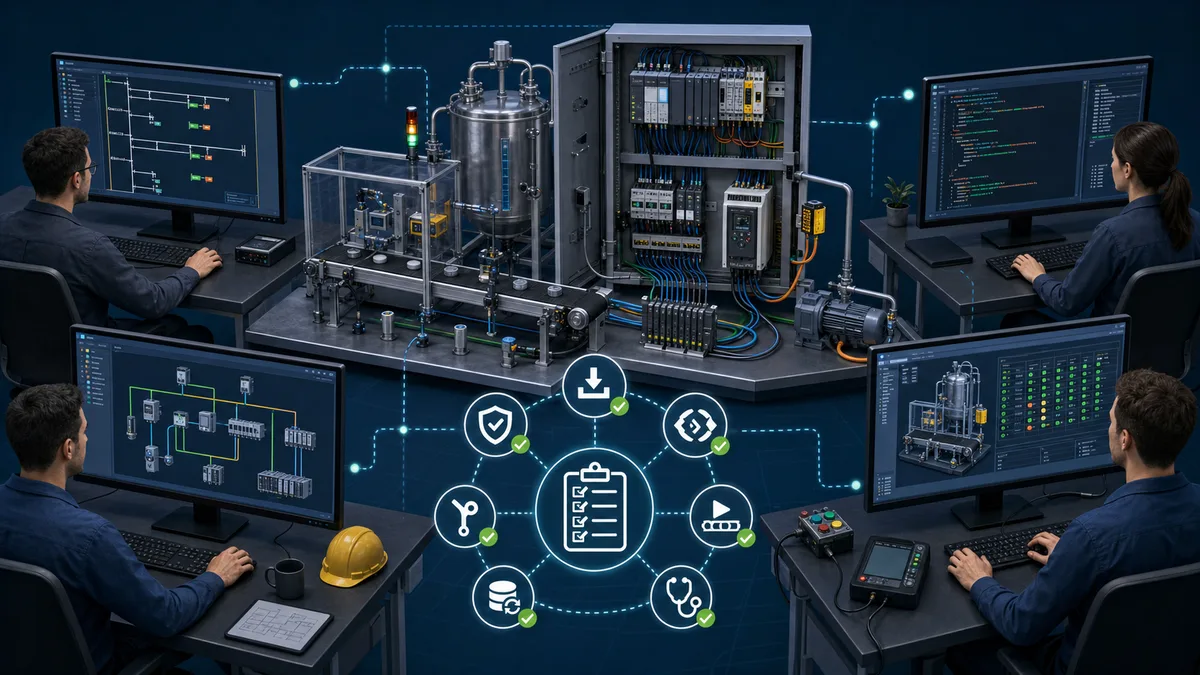Neutral PLC software proof-of-fit workbench where four engineering stations test the same conveyor and tank cell using ladder logic, structured text, hardware topology and diagnostics.