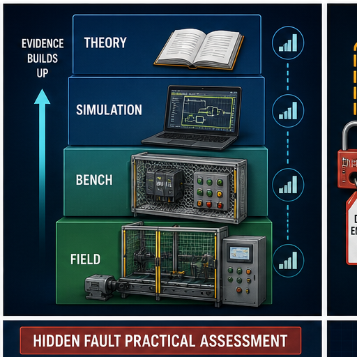 PLC technician blended training stack from theory and simulation through a guarded bench and supervised field experience