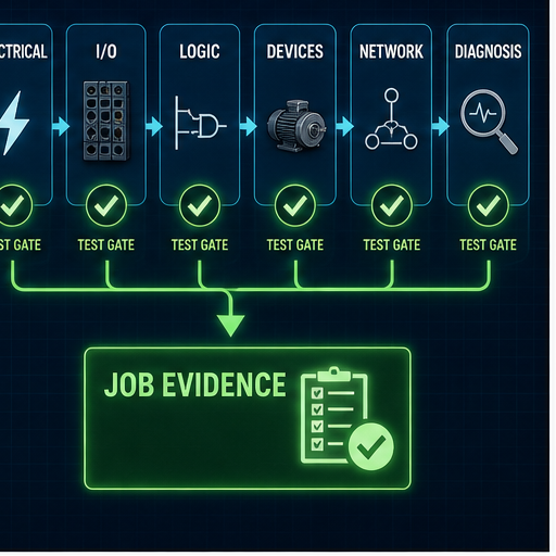 Competency gated PLC technician roadmap across electrical I O logic devices networks and diagnosis leading to job evidence