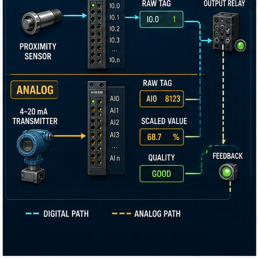 PLC technician I O lab tracing a digital proximity sensor and 4 to 20 milliamp transmitter through raw tags scaling quality output and feedback