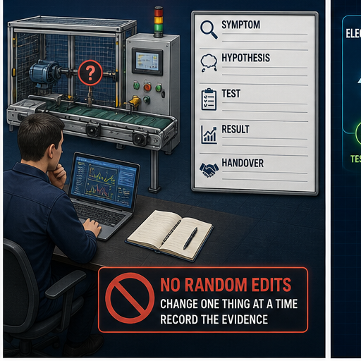 Hidden PLC technician fault assessment with conveyor symptom hypothesis controlled test result and handover evidence instead of random program edits