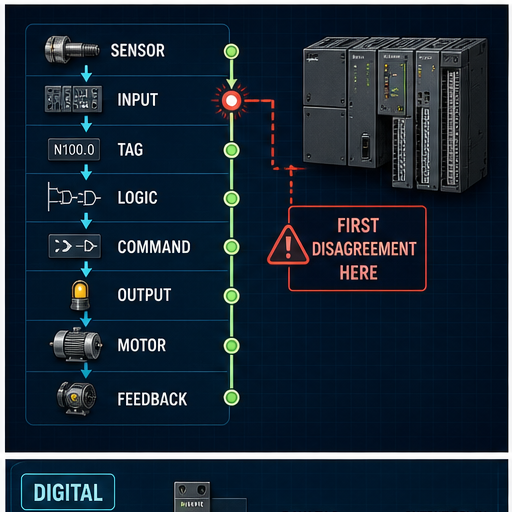PLC technician evidence path from sensor through input tag logic command output motor and independent feedback with first disagreement diagnosis