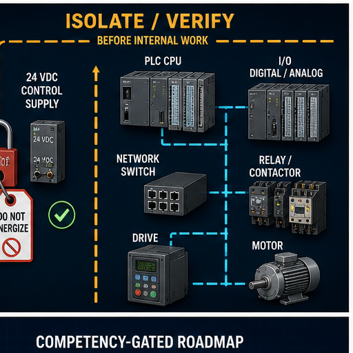 PLC control panel training zones showing isolation and verification boundary before power supply CPU I O network relay drive and motor diagnosis
