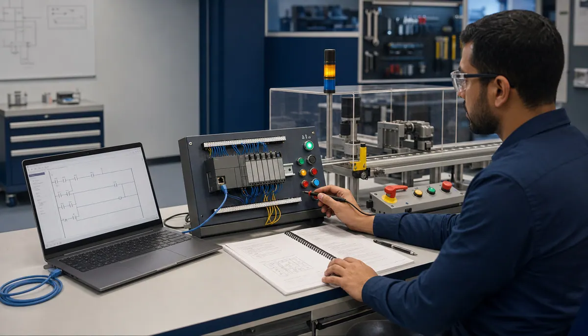 PLC learner transferring a tested browser exercise to a supervised hardware bench with documented I/O checks and commissioning limits.